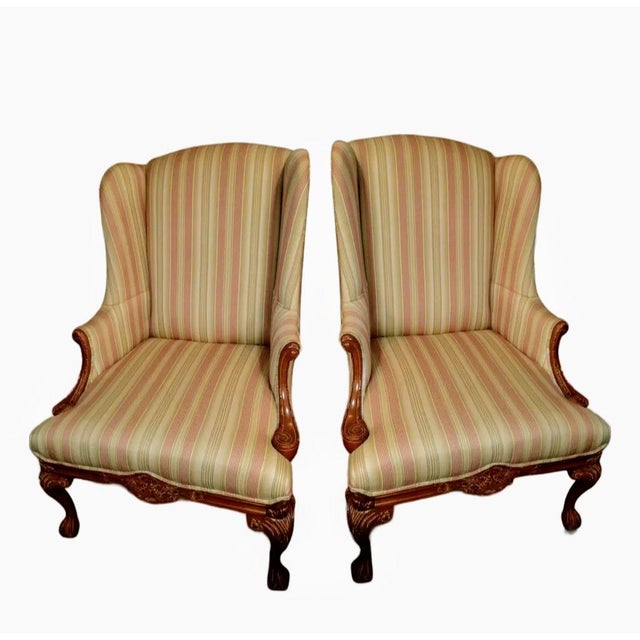 2010s Pair of Vintage Louis XV-Style Bergère Wingback Chairs by Craftmaster. For Sale - Image 5 of 10