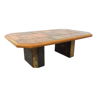 Vintage Brutalist Coffee Table in Stone and Oak, 1970s For Sale