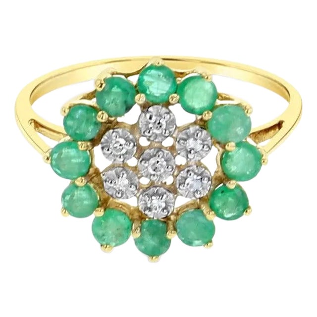 Emerald & Diamond Sunburst Ring 1.00cttw 14k Yellow Gold, Size 3 For Sale