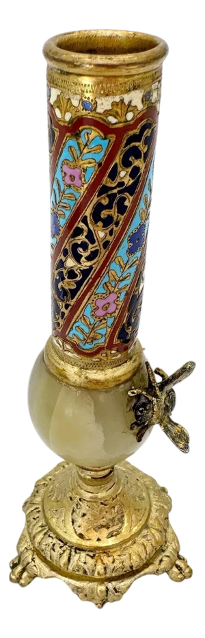 19th C French Ormolu, Onyx Champleve Enamel Bud Vase with Applied Bee