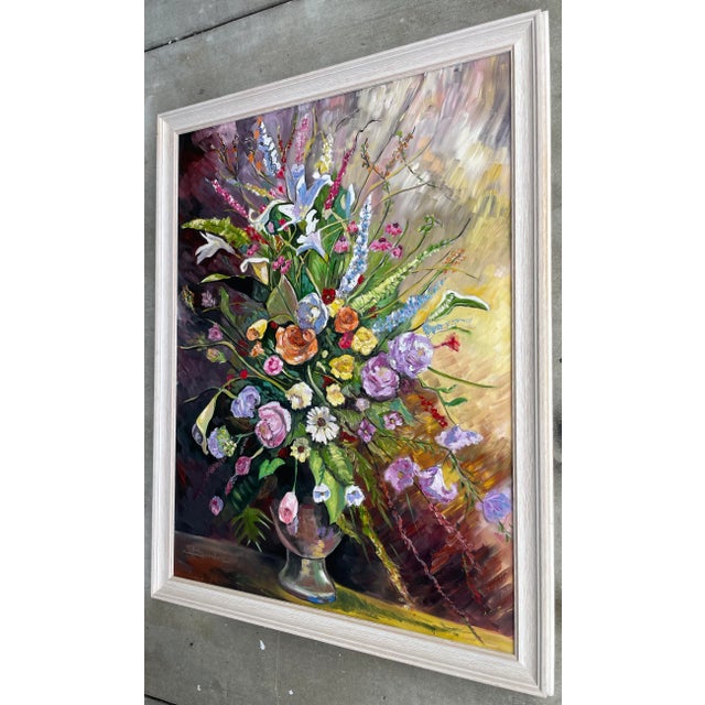 Figurative Acrylic on Black Canvas Flowers Painting/Signed For Sale - Image 3 of 11