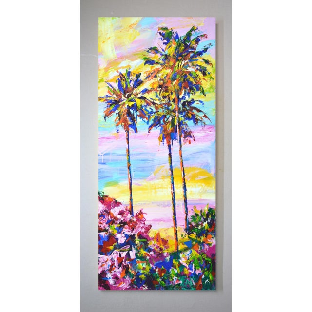 Palm trees 9. Expressive palms on an abstract background. Modern. Light tones of yellow, pink, lilac, blue are vigorously...