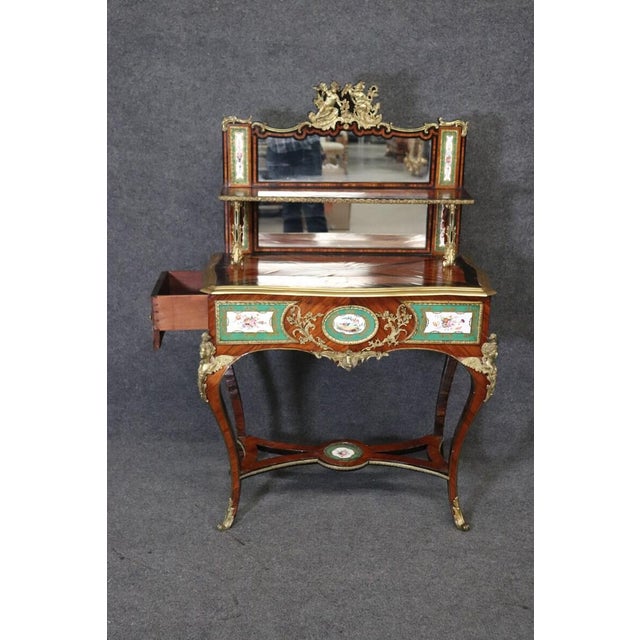 French Antique 19th Century French Louis XV Bronze Mounted Vanity – Mahogany Desk With Sevres Style Porcelain Plaques For Sale - Image 3 of 8
