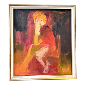 Vintage 60s Framed Oil Painting on Canvas of Seated Figure by Molly Schiff