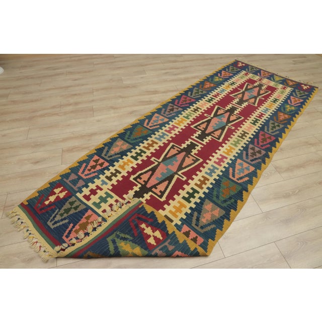 1960s Turkish Tribal Style Hand Knotted Oushak Kilim Runner Rug For Sale - Image 9 of 11