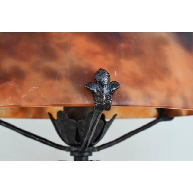 1920s French Art Deco Daum Table Lamp - Burned Orange Mottled Glass & Wrought Iron For Sale - Image 10 of 11