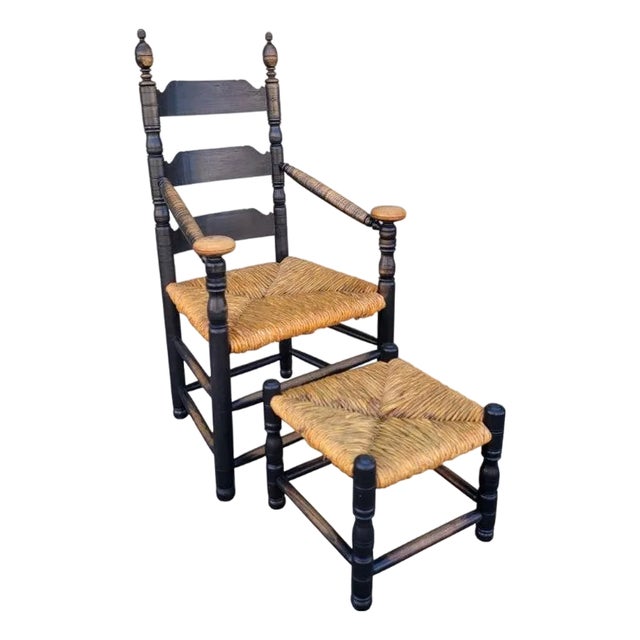1960s Ladder Back Arm Chair & Foot Stool Set For Sale