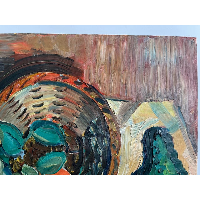 1940s Vintage Oil Painting Still Life With Basket, Fruit, Vase, and Bottle, Unsigned For Sale - Image 4 of 9