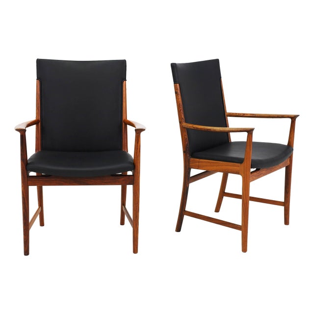 High-Back Armchairs in Rosewood and Leather by Kai Lyngfeldt-Larsen, Denmark, 1960s, Set of 2 For Sale