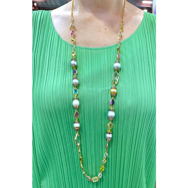 Bochic "Capri" Vintage Pearl, Sapphire, Ruby Necklace 18K Gold & Silver For Sale - Image 4 of 18