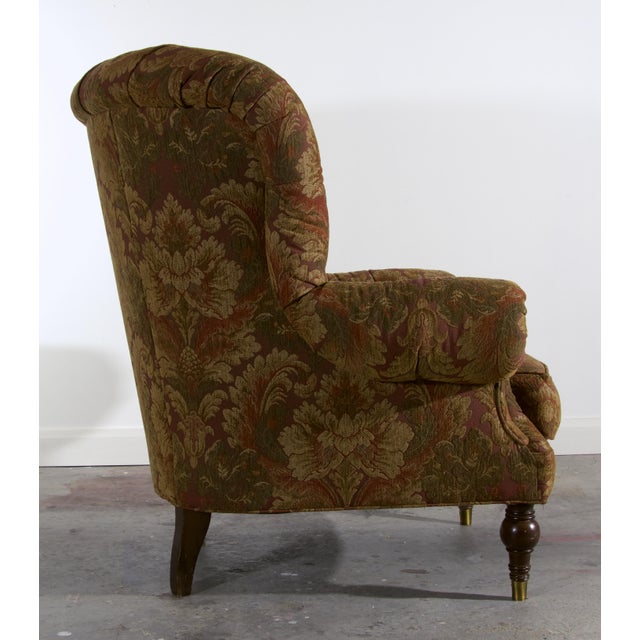 Late 20th Century Oversized Sherrill Tufted Scroll Arm Barrel Back Lounge Chair With Turned Legs & Brass Caps, Made in Usa Late 20th Century For Sale - Image 5 of 6