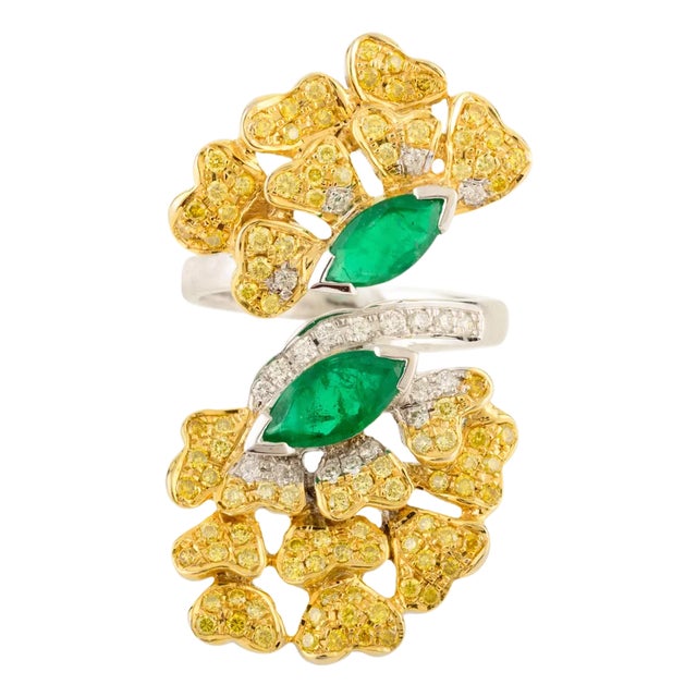 Adjustable Contemporary Ring With Emeralds & Yellow Diamonds Size 8 For Sale