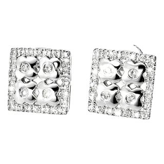 Late 20th Century Pair of 14K White Gold Micro Pave Diamond Square Flower Earrings For Sale