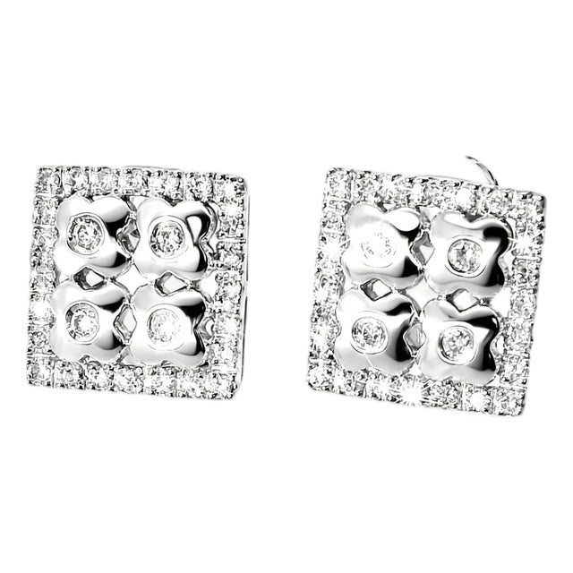 Late 20th Century Pair of 14K White Gold Micro Pave Diamond Square Flower Earrings For Sale