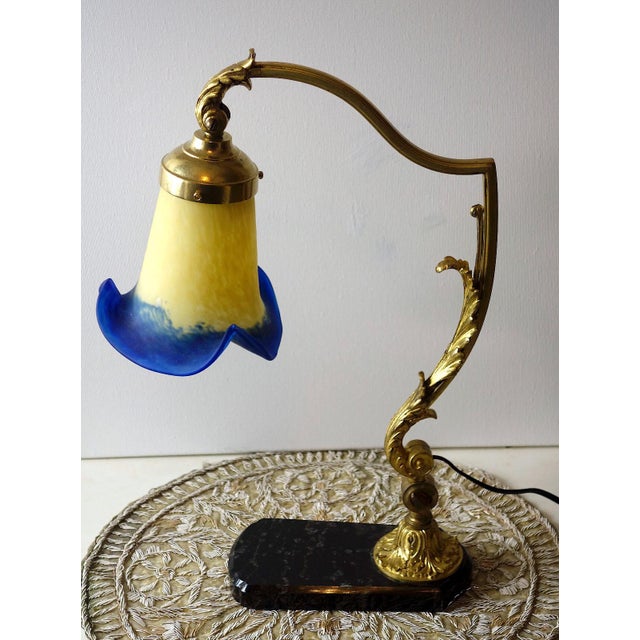 Gold Antique Brass and Marble Pate De Verre Table Lamp, France, 1920s For Sale - Image 8 of 11
