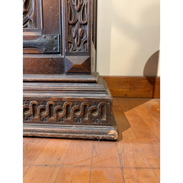 Early 20th Century Hand-Carved Gothic Revival Two-Tiered Cabinet With Iron Hardware For Sale - Image 15 of 16