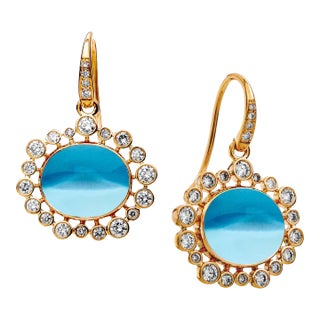 Syna Yellow Gold Blue Topaz Earrings with Diamonds, a Pair For Sale