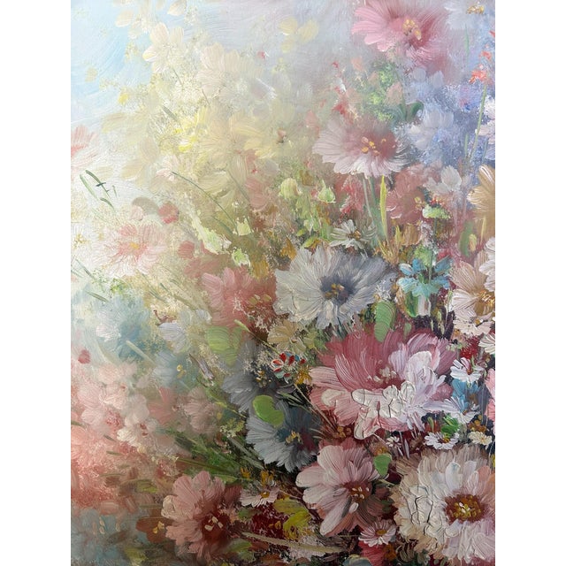 This large vibrant vintage still life floral bouquet canvas painting is a one-of-a-kind original piece. this framed...
