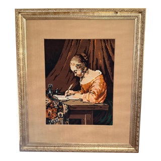 VTG Framed Needlepoint "Woman Writing a Letter" Ter Borch Old Master 30x27 Gilt" For Sale
