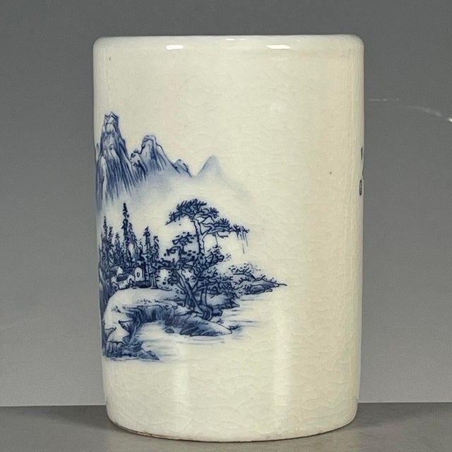 White Blue & White Crackle Glaze Porcelain Brush Pot With Landscape Scene For Sale - Image 8 of 9