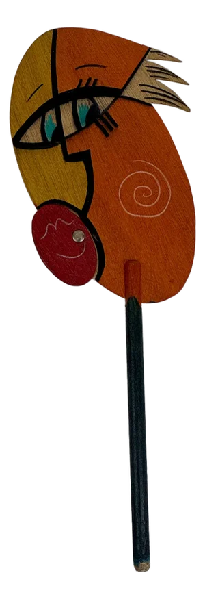 Vintage Whimsical Painted Wood Art Face Sculpture/Mask on a Stick