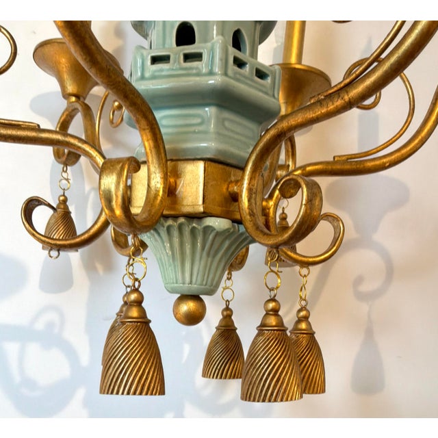 Asian Port 68 Celadon Ceramic Pagoda Chandelier For Sale - Image 3 of 6