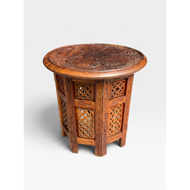 Small Hand Carved Anglo Indian Hoshiarpur Folding Table, 1950 For Sale - Image 6 of 6