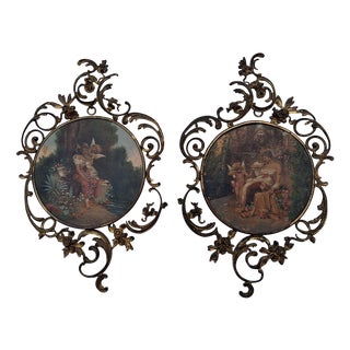 Art Nouveau Wall Paintings with Floral Brass Frames, 1890s-1910s, Set of 2 For Sale