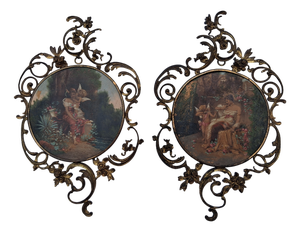 Art Nouveau Wall Paintings with Floral Brass Frames, 1890s-1910s, Set of 2
