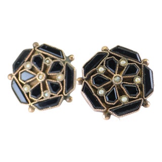 Mid 20th Century 14k (585) Yellow Gold - Golden Onyx Stone and Pearl Earring, 5.1 Gram - Set of 2 For Sale