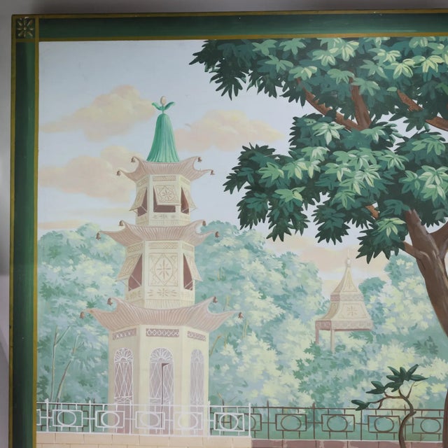 This captivating large vintage chinoiserie painting presents a richly stylized riverside scene featuring two figures in...