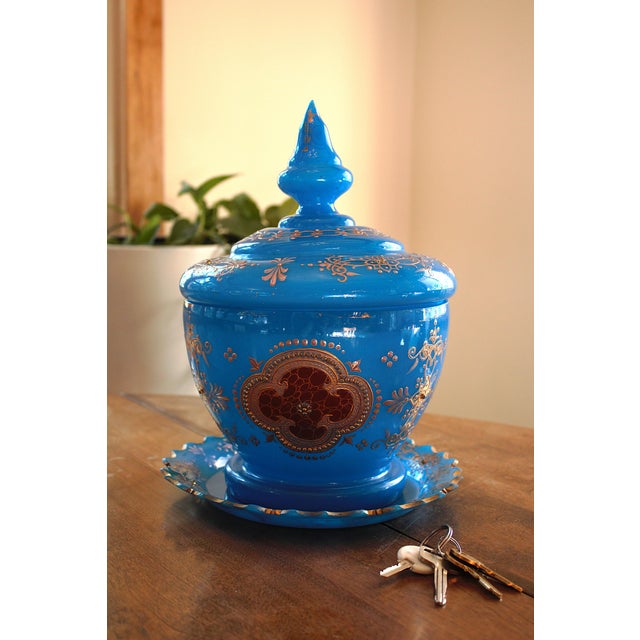19th Century Antique French Blue Opaline Covered Punch Bowl For Sale - Image 11 of 14
