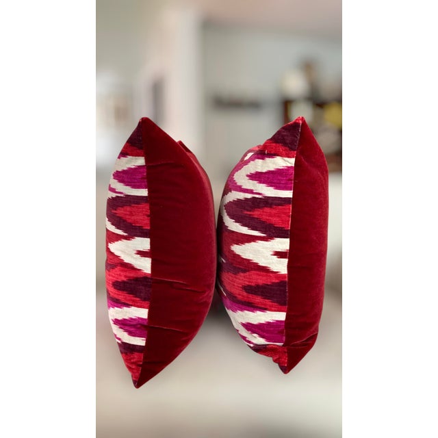 Pair of 22" Custom Schumacher Kashgar Ikat Velvet Pillows Pattern 176102 in Ruby Plum For Sale - Image 14 of 18