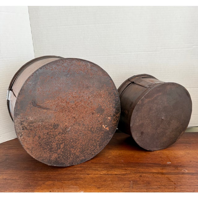 Antique Metal Military Hammered Hat Boxes Pair For Sale - Image 4 of 8