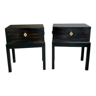 Late 20th Century Pair of John-Richard Ebonized Storage End Tables With Brass Hardware For Sale