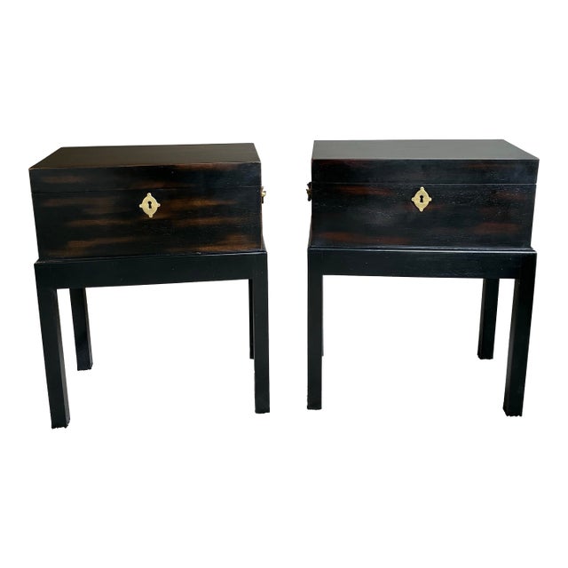Late 20th Century Pair of John-Richard Ebonized Storage End Tables With Brass Hardware For Sale
