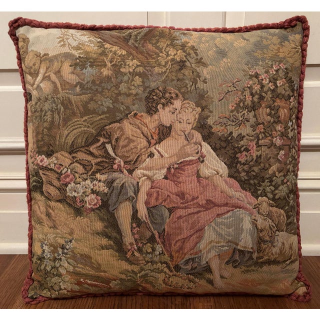 French Large Pair Vintage French Tapestry Pillows For Sale - Image 3 of 7