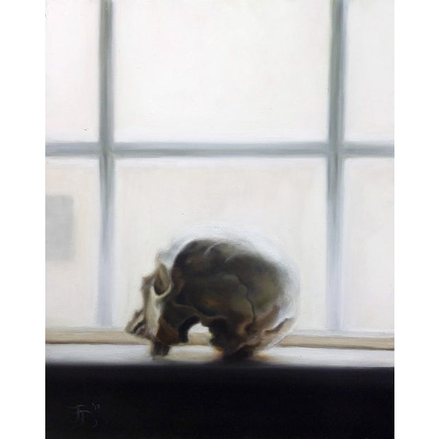Skull Study by John Lally | Oil on Board Still Life of a Skull on a Windowsill For Sale