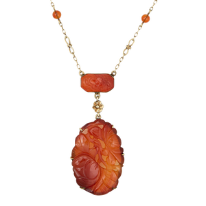 Vintage Art Deco Carved Carnelian Necklace 14k Yellow Gold 15.5" Drop Flowers