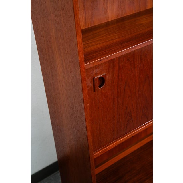 Mid Century Danish Modern Credenza Bookshelf Cabinet Teak Shelves Sliding Doors For Sale - Image 10 of 12