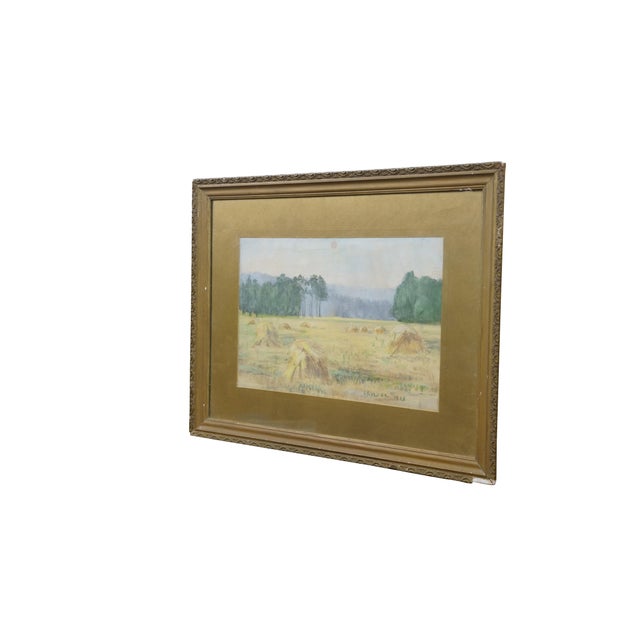 Antique 1913 Emily G. Hyde impressionist pastel on paper painting featuring a rural Indiana country farm / field landscape...