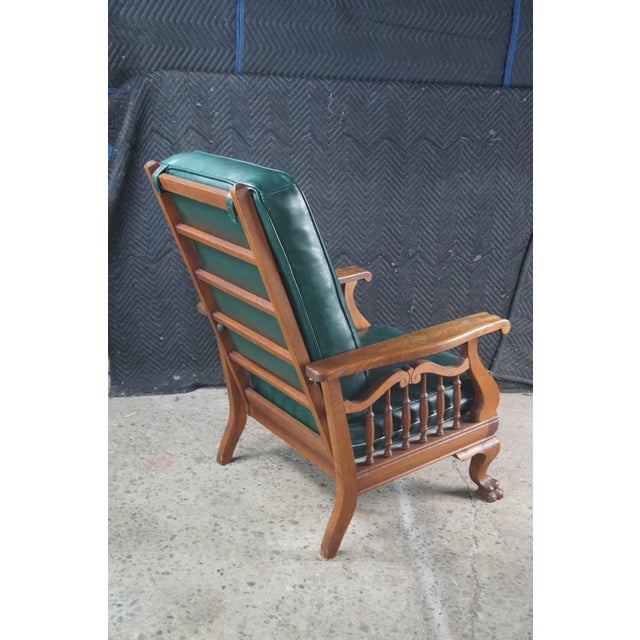 Antique Victorian Quartersawn Oak Vinyl Reclining Morris Arm Chair Lion Paw Feet For Sale - Image 12 of 14