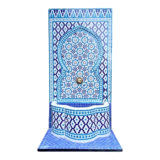 Blue & White Moroccan Tile Wall Fountain For Sale