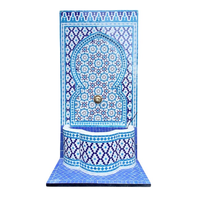 Blue & White Moroccan Tile Wall Fountain For Sale