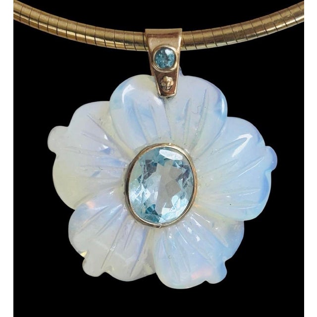 2020s Flora Pendant, Opalite Flower With Sky Blue Topaz & 14k Gold For Sale - Image 5 of 5
