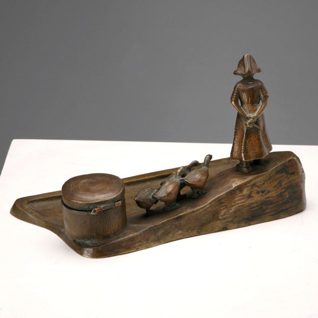 Bronze Inkwell with a Sculpture of a Young Dutch Girl For Sale - Image 3 of 7