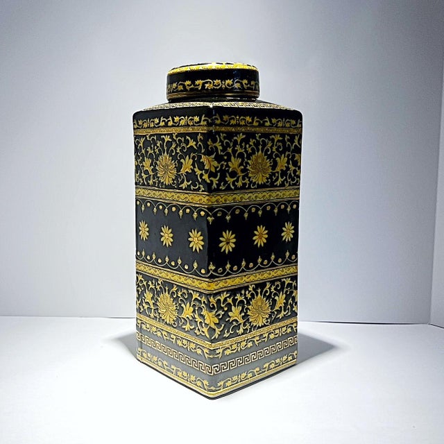 1990s Square Hand Painted Greek Key Lidded Jar For Sale - Image 5 of 6