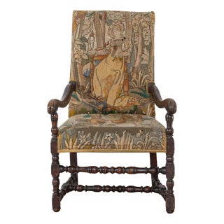 17th-Century French Baroque Walnut Spool Armchair with Petit Point Tapestry For Sale