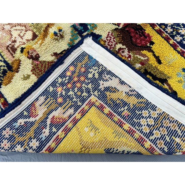Gold & Navy Pictorial Hunting Scene Hand-Knotted Wool Rug - 3'1" X 4'6" For Sale - Image 9 of 10