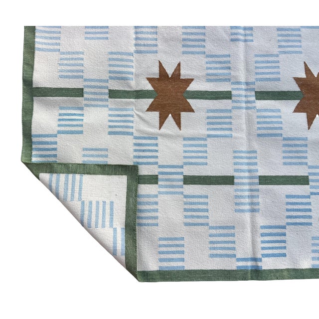 Handmade Cotton Vegetable Dyed Area Rug, Cream, Sky Blue, Sage Green Star Dash Dhurrie-6x9 For Sale - Image 12 of 12